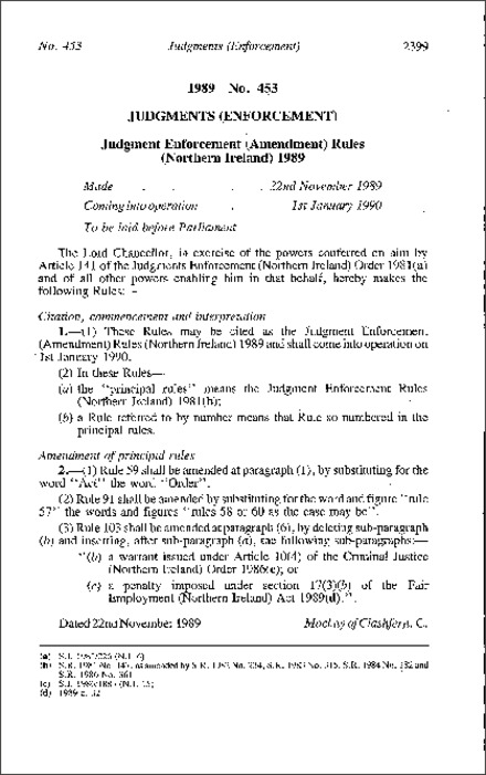 The Judgment Enforcement (Amendment) Rules (Northern Ireland) 1989