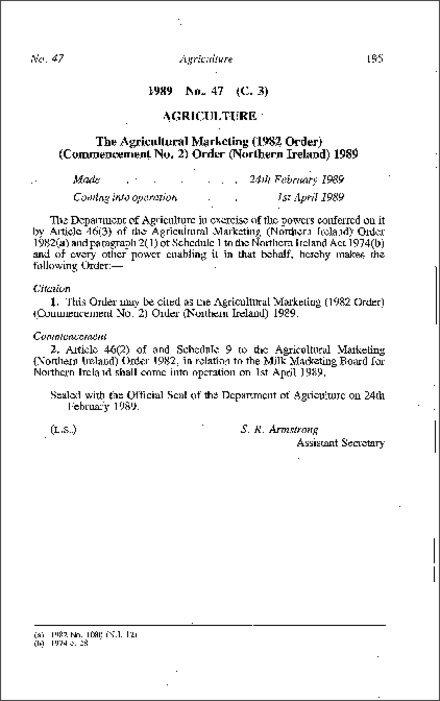 The Agricultural Marketing (1982 Order) (Commencement No. 2) Order (Northern Ireland) 1989