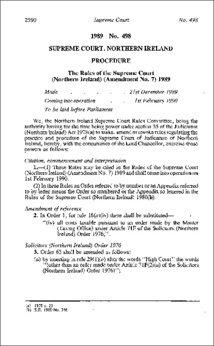 The Rules of the Supreme Court (Northern Ireland) (Amendment No. 7) (Northern Ireland) 1989