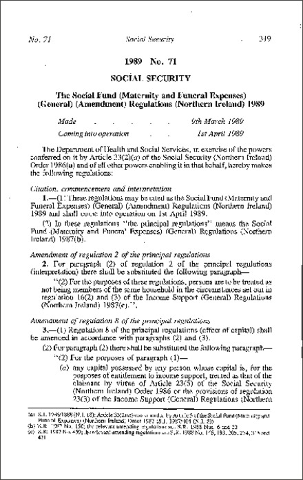 The Social Fund (Maternity and Funeral Expenses) (General) (Amendment) Regulations (Northern Ireland) 1989