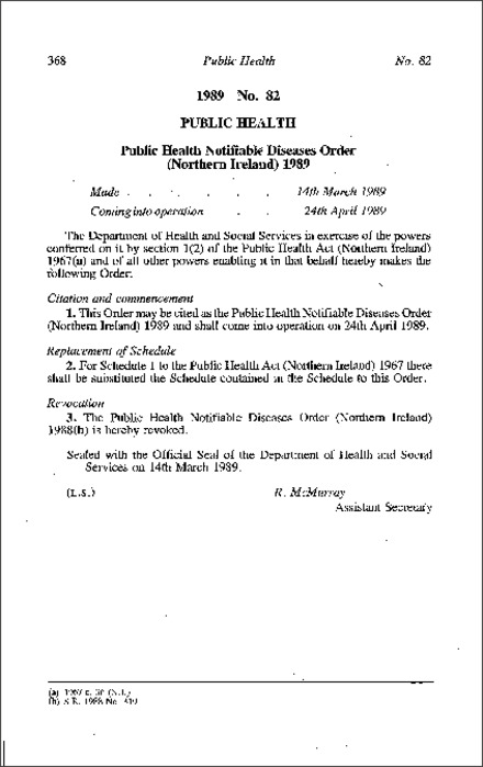 The Public Health Notifiable Order (Northern Ireland) 1989