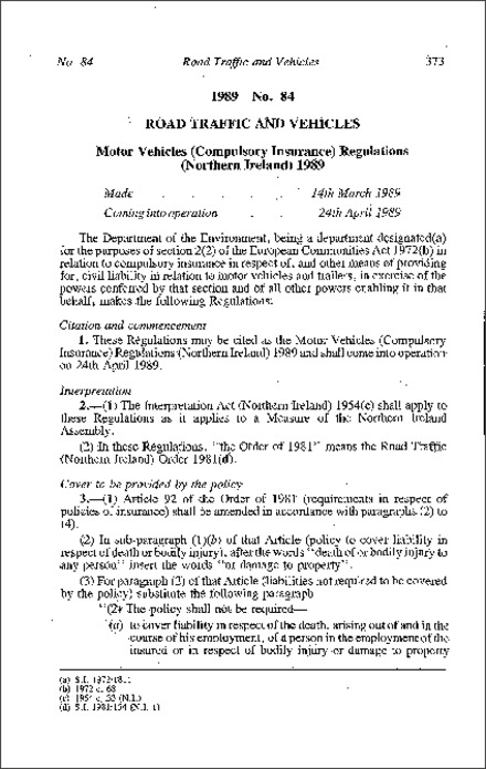 The Motor Vehicles (Compulsory Insurance) Regulations (Northern Ireland) 1989