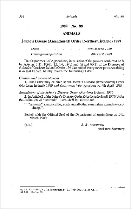 The Johnes' Disease (Amendment) Order (Northern Ireland) 1989