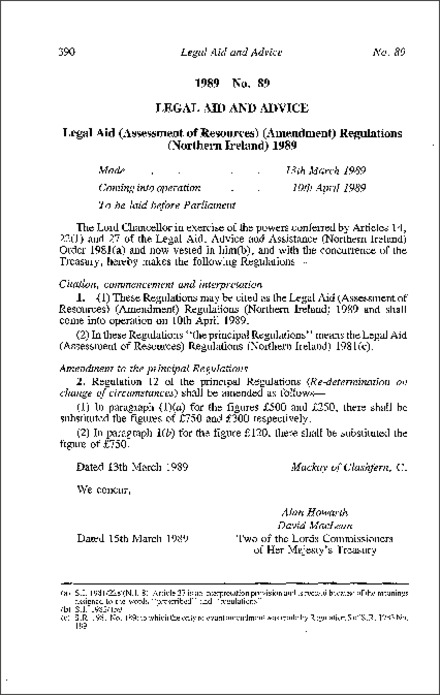 The Legal Aid (Assessment of Resources) (Amendment) Regulations (Northern Ireland) 1989