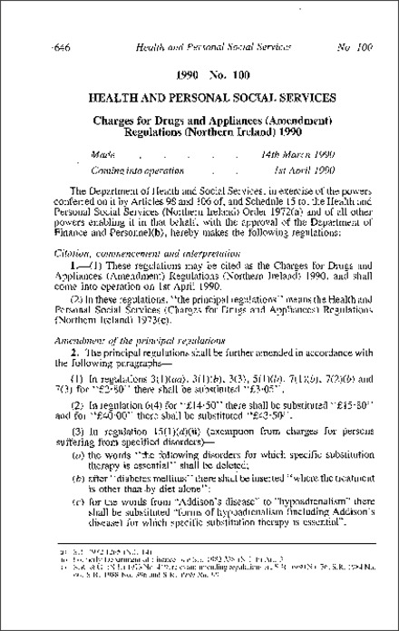 The Charges for Drugs and Appliances (Amendment) Regulations (Northern Ireland) 1990