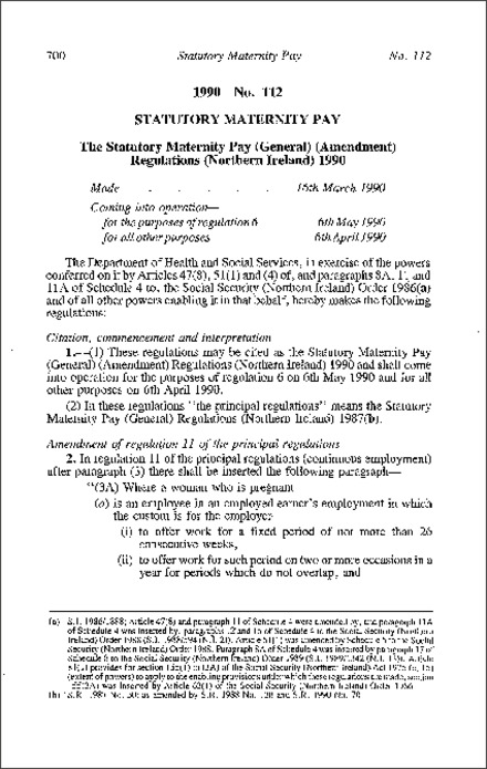The Statutory Maternity Pay (General) (Amendment) Regulations (Northern Ireland) 1990