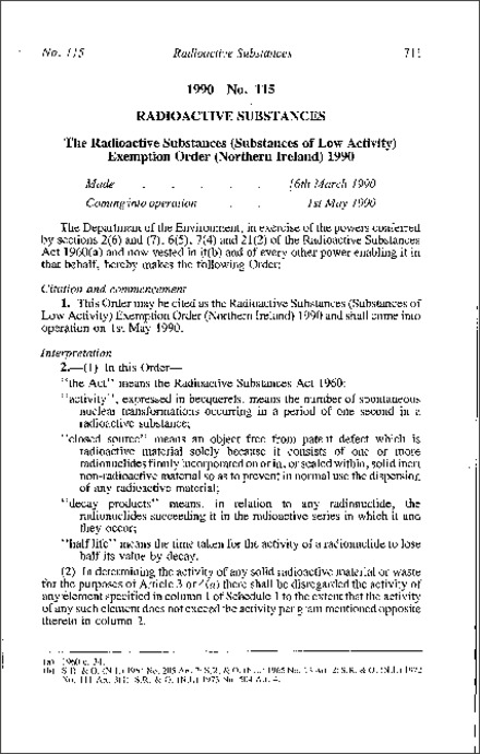 The Radioactive Substances (Substances of Low Activity) Exemption Order (Northern Ireland) 1990
