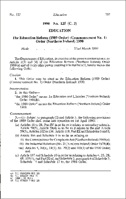 The Education Reform (1989 Order) (Commencement No. 1) Order (Northern Ireland) 1990