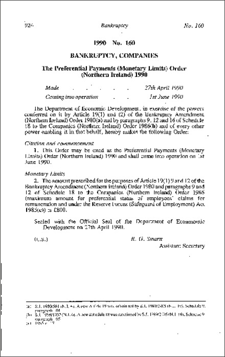 The Preferential Payments (Momentary Limits) Order (Northern Ireland) 1990