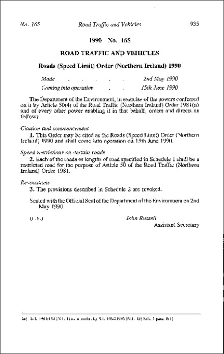 The Roads (Speed Limit) Order (Northern Ireland) 1990