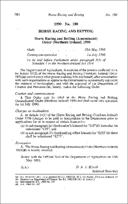 The Horse Racing and Betting (Amendment) Order (Northern Ireland) 1990