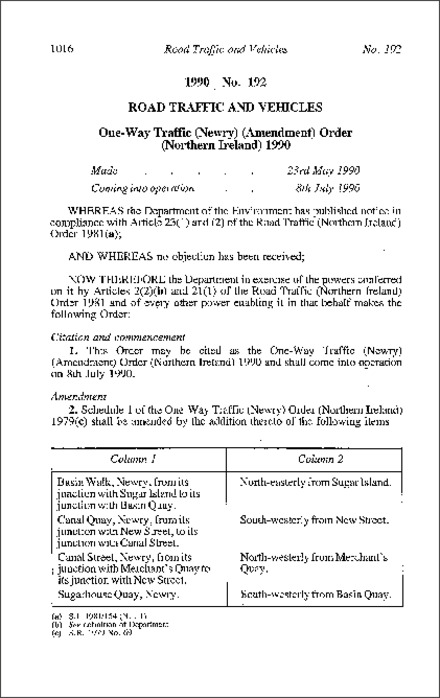 The One-Way Traffic (Newry) (Amendment) Order (Northern Ireland) 1990