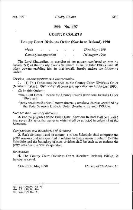 The County Court Divisions Order (Northern Ireland) 1990