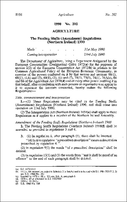 The Feeding Stuffs (Amendment) Regulations (Northern Ireland) 1990