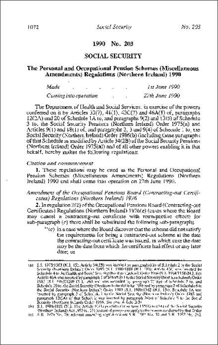 The Personal and Occupational Pension Schemes (Miscellaneous Amendment) Regulations (Northern Ireland) 1990
