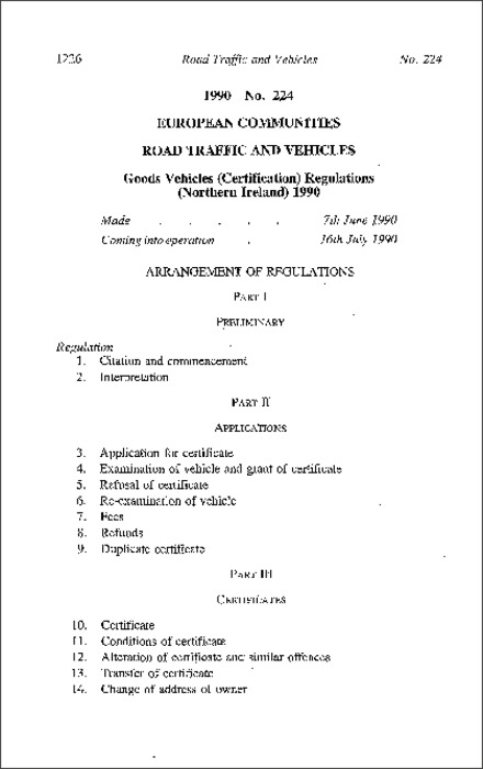 The Goods Vehicles (Certification) Regulations (Northern Ireland) 1990