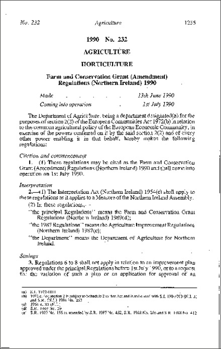 The Farm and Conservation Grants (Amendment) Regulations (Northern Ireland) 1990