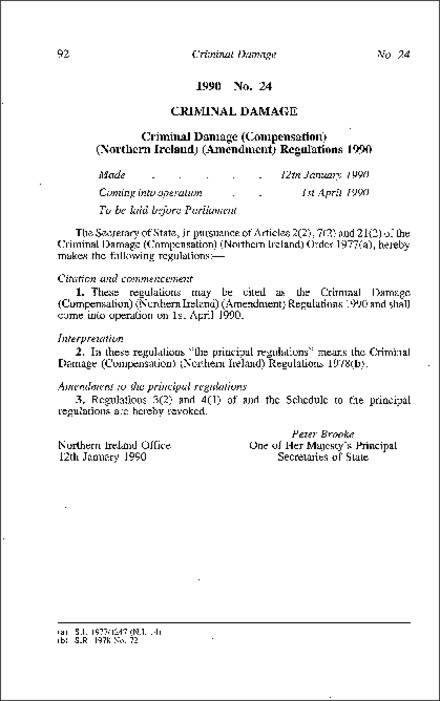 The Criminal Damage (Compensation) (Northern Ireland) (Amendment) Regulations (Northern Ireland) 1990