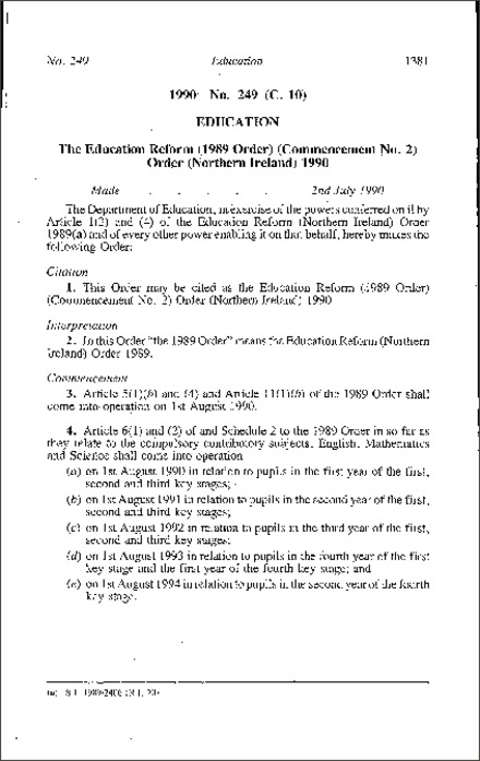 The Education Reform (1989 Order) (Commencement No. 2) Order (Northern Ireland) 1990