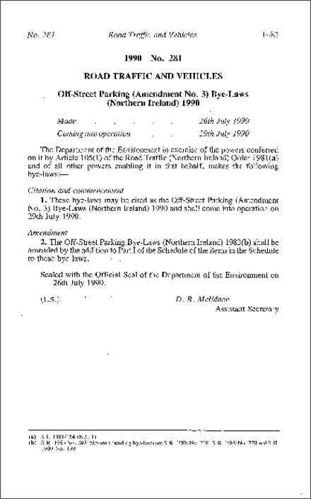 The Off -Street Parking (Amendment No. 3) Bye-Laws (Northern Ireland) 1990