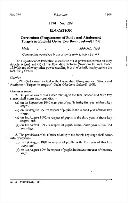 The Curriculum (Programmes of Study and Attainment Targets in English) Order (Northern Ireland) 1990