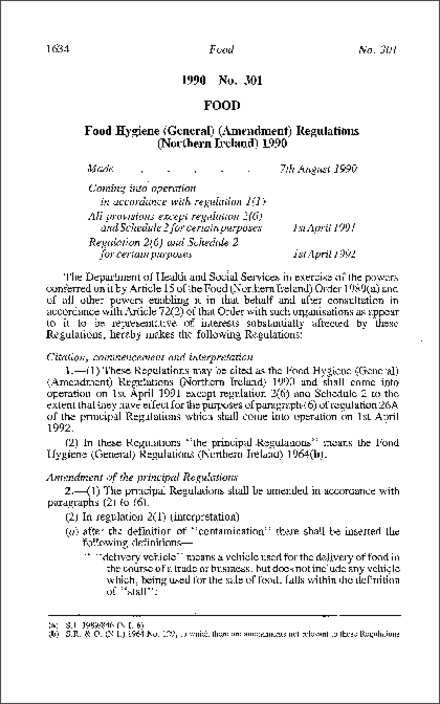 The Food Hygiene (General) (Amendment) Regulations (Northern Ireland) 1990
