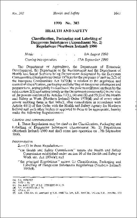 The Classification, Packaging and Labelling of Dangerous Substances (Amendment No. 2) Regulations (Northern Ireland) 1990