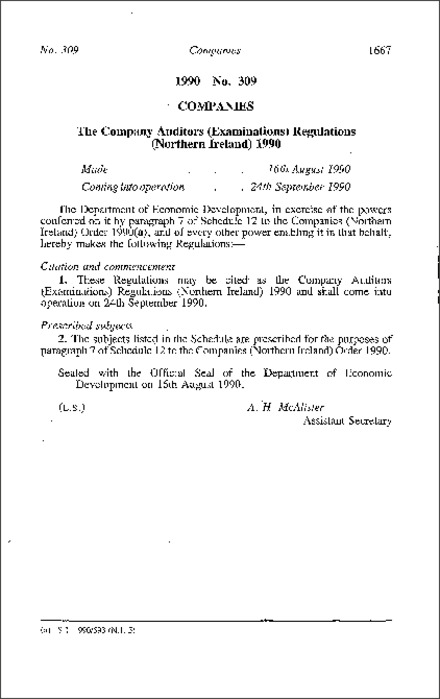 The Company Auditors (Examinations) Regulations (Northern Ireland) 1990