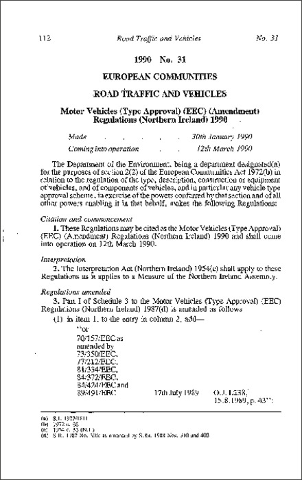 The Motor Vehicles (Type Approval) (EEC) (Amendment) Regulations (Northern Ireland) 1990