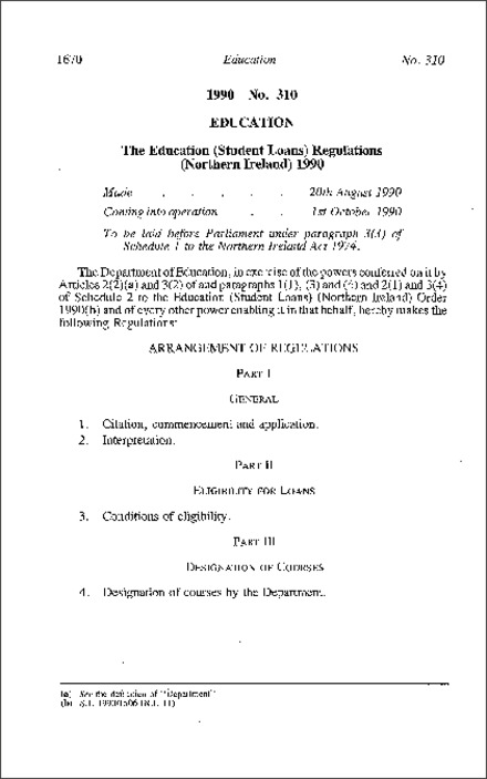 The Education (Student Loans) Regulations (Northern Ireland) 1990