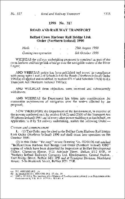 The Belfast Cross Harbour Rail Bridge Link Order (Northern Ireland) 1990