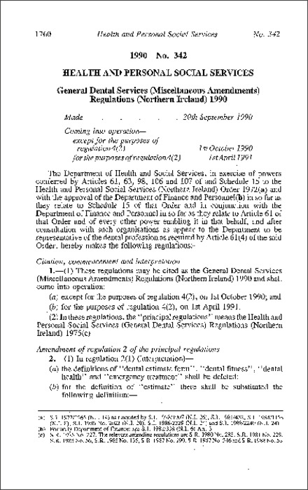 The General Dental Services (Miscellaneous Amendment) Regulations (Northern Ireland) 1990