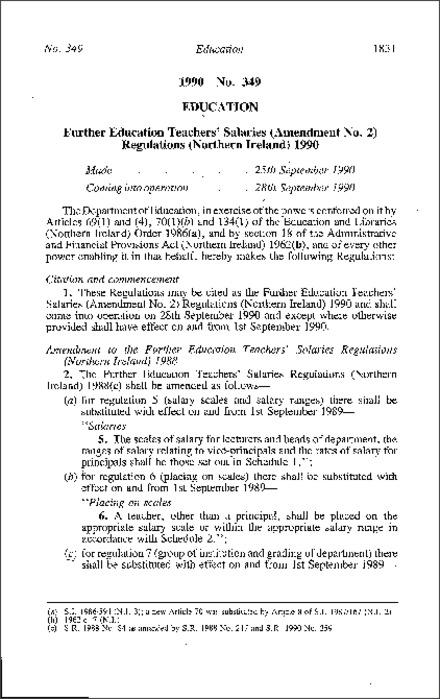 The Further Education Teachers' Salaries (Amendment No. 2) Regulations (Northern Ireland) 1990
