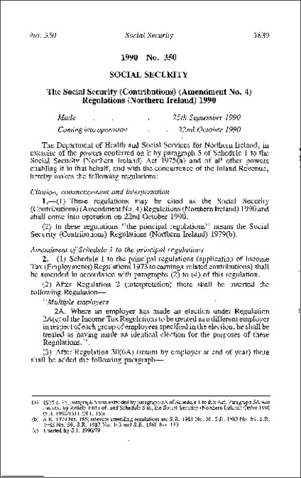 The Social Security (Contributions) (Amendment No. 4) Regulations (Northern Ireland) 1990