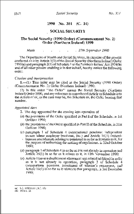 The Social Security (1990 Order) (Commencement No. 2) Order (Northern Ireland) 1990