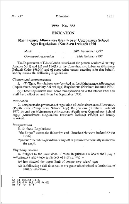 The Maintenance Allowances (Pupils over Compulsory School Age) Regulations (Northern Ireland) 1990