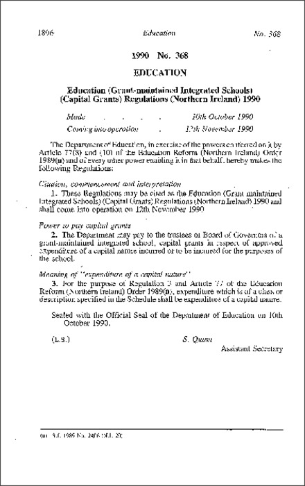 The Education (Grant-maintained Integrated Schools) (Capital Grants) Regulations (Northern Ireland) 1990