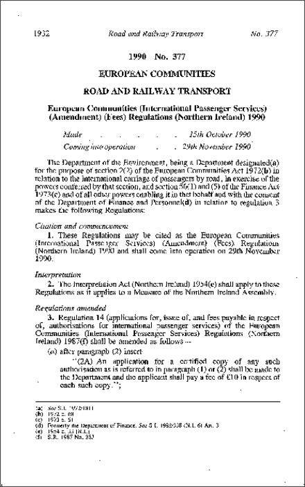 The European Communities (International Passenger Services) (Amendment) (Fees) Regulations (Northern Ireland) 1990