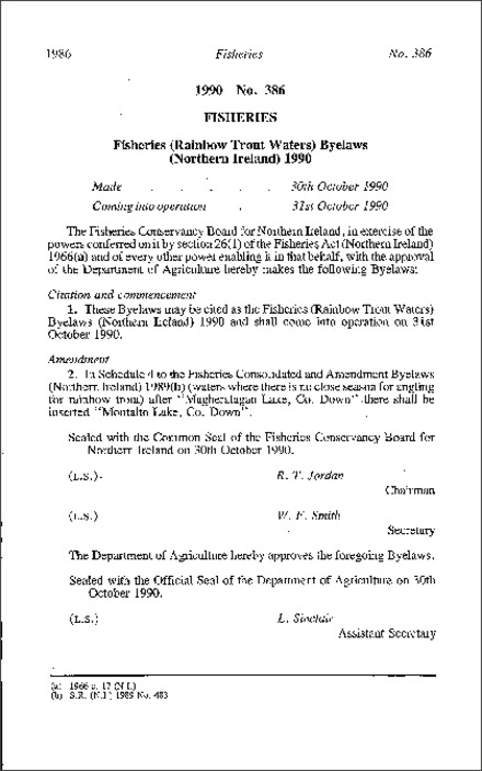 The Fisheries (Rainbow Trout Waters) Byelaws (Northern Ireland) 1990
