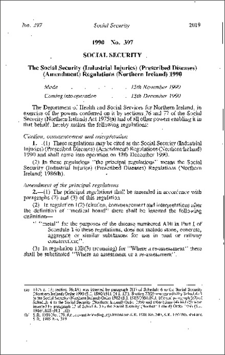 The Social Security (Industrial Injuries) (Prescribed Diseases) (Amendment) Regulations (Northern Ireland) 1990