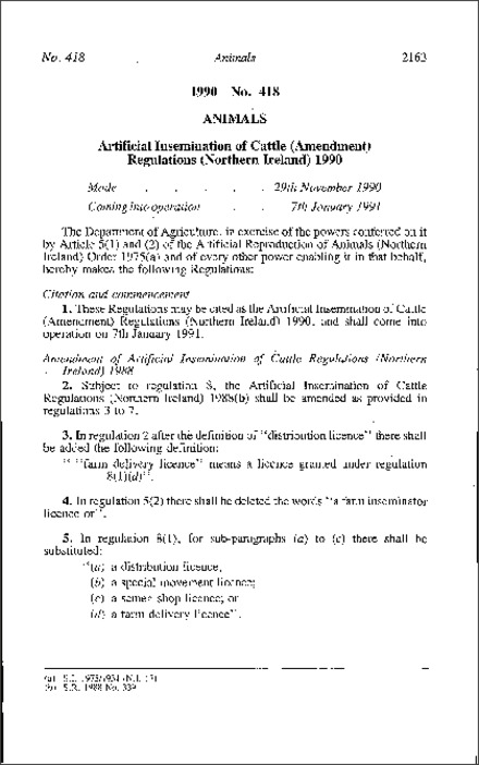 The Artificial Insemination of Cattle (Amendment) Regulations (Northern Ireland) 1990