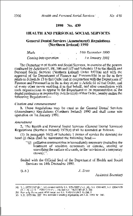 The General Dental Services (Amendment) Regulations (Northern Ireland) 1990