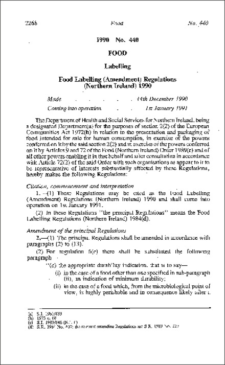 The Food Labelling (Amendment) Regulations (Northern Ireland) 1990