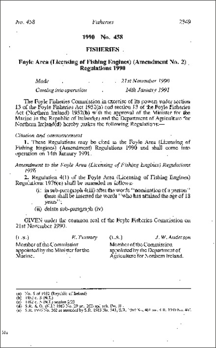 The Foyle Area (Licensing of Fishing Engines) (Amendment No. 2) Regulations (Northern Ireland) 1990