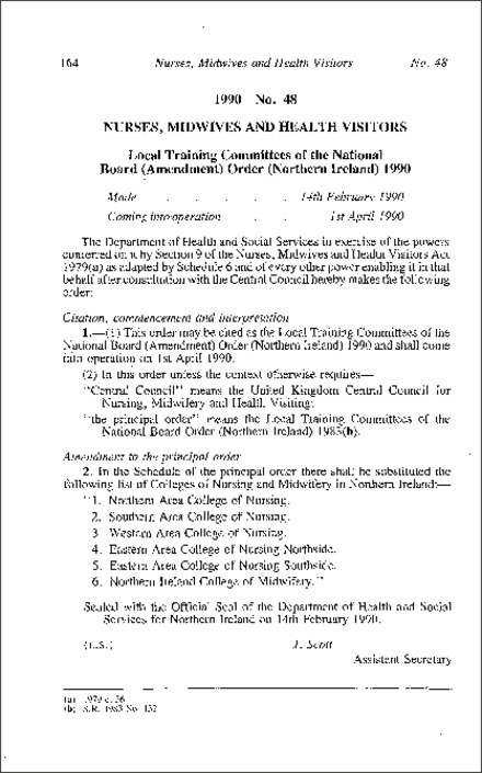 The Local Training Committees of the National Board (Amendment) Order (Northern Ireland) 1990