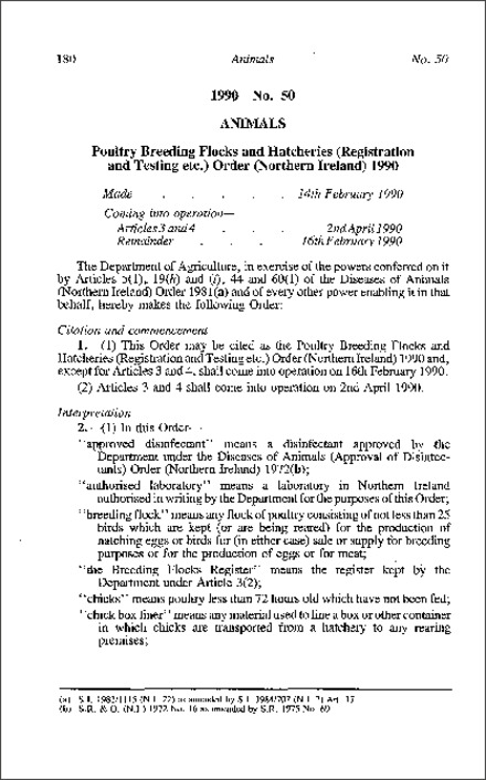 The Poultry Breeding Flocks and Hatcheries (Registration and Testing etc.) Order (Northern Ireland) 1990