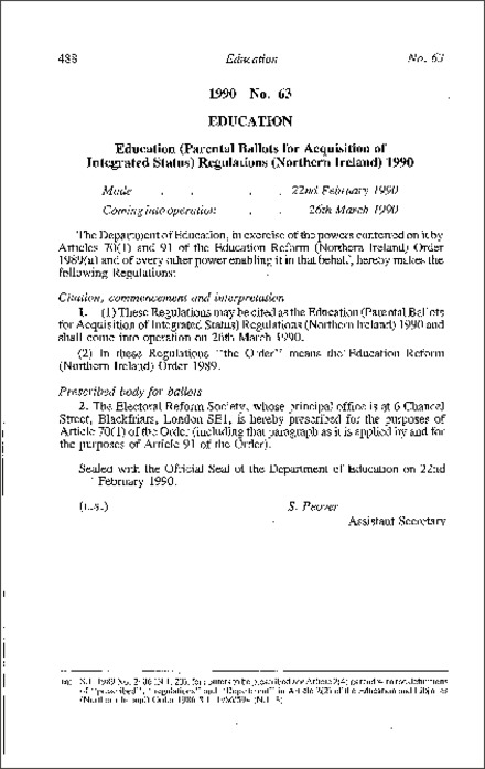 The Education (Parental Ballots for Acquisition of Integrated Status) Regulations (Northern Ireland) 1990