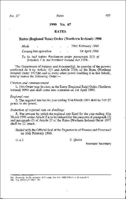 The Rates (Regional Rate) Order (Northern Ireland) 1990