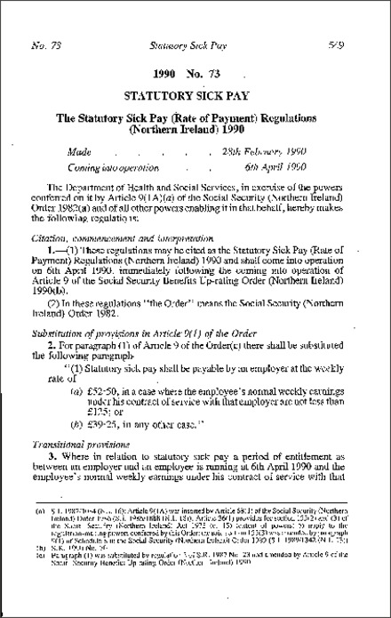 The Statutory Sick Pay (Rate of Payment) Regulations (Northern Ireland) 1990