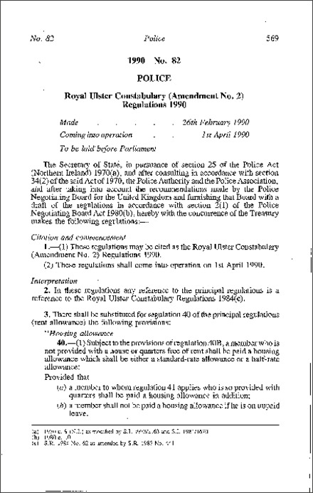 The Royal Ulster Constabulary (Amendment No. 2) Regulations (Northern Ireland) 1990